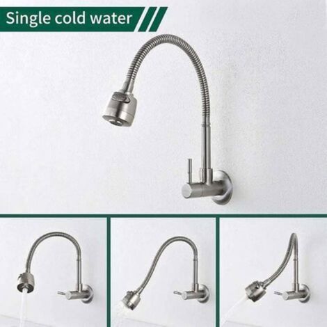 Robinet de cuisine mural - - Rotatif 360° - Inox 304 sans plomb - Douchette ABS 2 modes - Entraxe 135–165 mm (1/4)