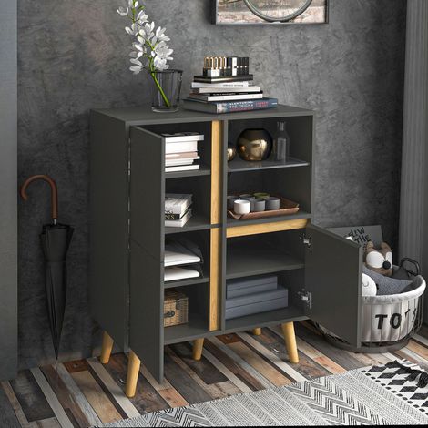 Meuble de rangement design modene avec étagères réglables et pieds en bois massif 70 x 40 x 96,1 cm gris foncé (1/5)