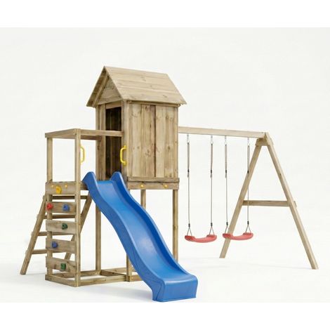 Casetta rialzata per bambini in legno Maxplay 5 con scivolo blu, doppia altalena e arrampicata (1/5)