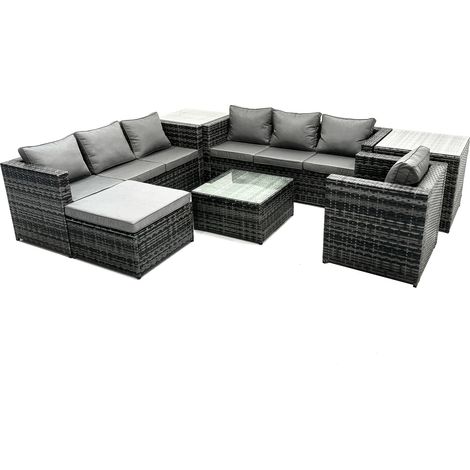 Fimous Rattan Garden Furniture Dining Set 8-seater Patio Coffee Table Sofa Set with 2 Side Tables Big Stool Dark Grey Mixed (1/5)
