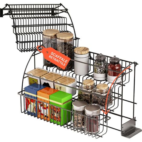 Organiseur de cuisine à 3 niveaux en métal noir pliable et robuste pour garde-manger et étagère, porte-épices pour cuisine facile à installer et à nettoyer, design moderne et peu encombrant (1/5)
