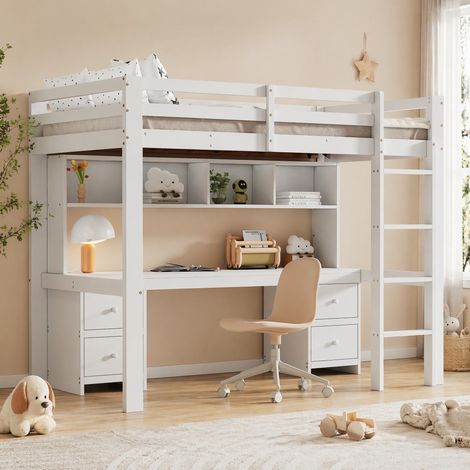 Lit mezzanine 90x200 cm en pin et MDF blanc avec bureau, gain de place, sans matelas – MEUBLIV (1/5)