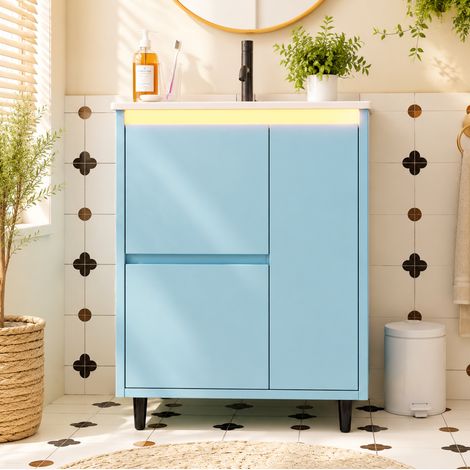 Meuble vasque de salle de bain sur pied, 2 tiroirs, 1 porte, 61x46,5x87 cm, vasque céramique bleu (1/5)