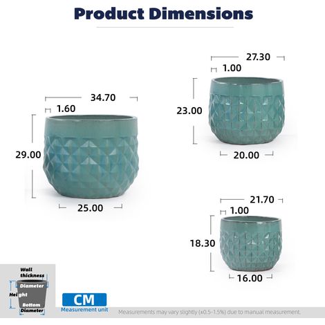 Set de 3 pots en céramique émaillés, bleu turquoise motif losange, respirant et résistant au gel, diamètre 36/29,5/21,5 cm, pour intérieur, balcon et jardin (1/5)