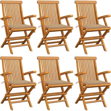 Chaises de jardin avec coussins beige 6 pcs Bois de teck massif 2 (1/5)