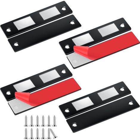 Aimant Porte Placard, 4 Pièces Ultra Mince Loqueteaux Magnétiques Puissant Aimant de Porte Placard Cuisine Loquet Magnétique Vis Aimant Meuble Fermeture pour Tiroir, Armoire Coulissant, Noir (1/5)