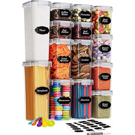 Ensemble de 14 boîtes hermétiques en plastique transparent sans BPA, avec couvercles, pour une organisation optimale de la cuisine et des plans de travail.-AquaForge (1/5)