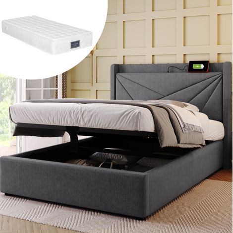 Lit coffre 90x200 cm en lin coton gris avec tête de lit, USB/Type-C, sommier à lattes et matelas inclus (1/5)