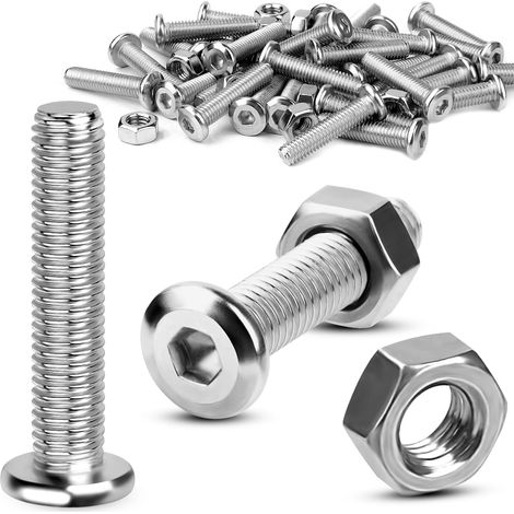 Lot de 50 vis M4 x 40 mm avec écrous en acier inoxydable, filetage complet, vis à tête hexagonale M4, vis filetées à six pans creux pour réparation de meubles, bois, établi, bricolage (1/5)