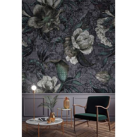 Papier peint panoramique fleuri sur fond noir | Tapisserie panoramique graphique grise et blanche | Papier peint panoramique tendance pour chambre - 270 x 400 cm (4 pièces) (1/5)