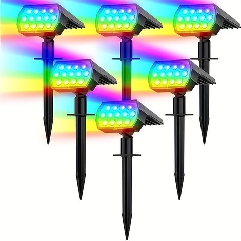 Lot de 6 Spots Solaires RGB Extérieurs à Piquer 13 LED, Lampe Solaire Jardin Multicolore avec Capteur Crépusculaire, Éclairage Paysager pour Pelouse, Arbre, Allée, Terrasse et Cour, IP44, Autonomie 6- (1/5)