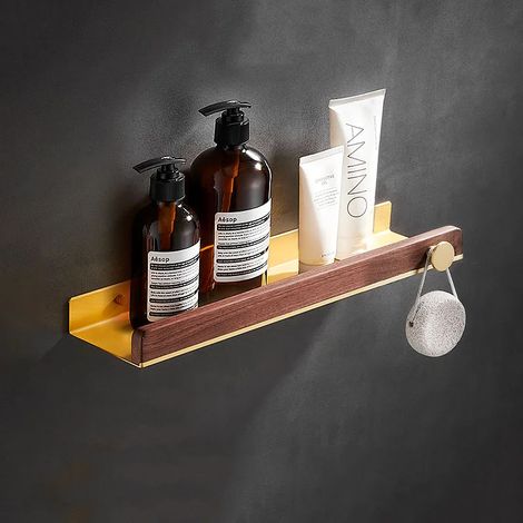 Étagère d'angle de salle de bain (40 cm avec crochet) en bois de noyer brossé, fixation murale, avec barre de suspension. (1/5)
