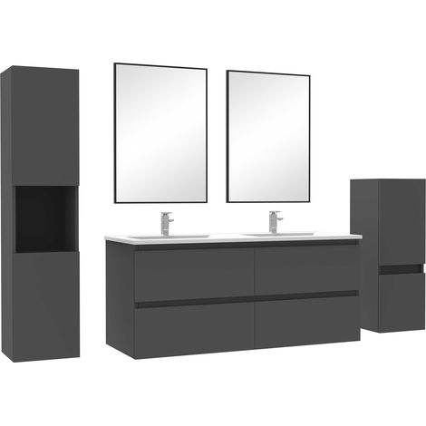 Ensemble meubles Salle de Bain 120cm double vasque + colonne + miroir mural Anthracite (1/5)