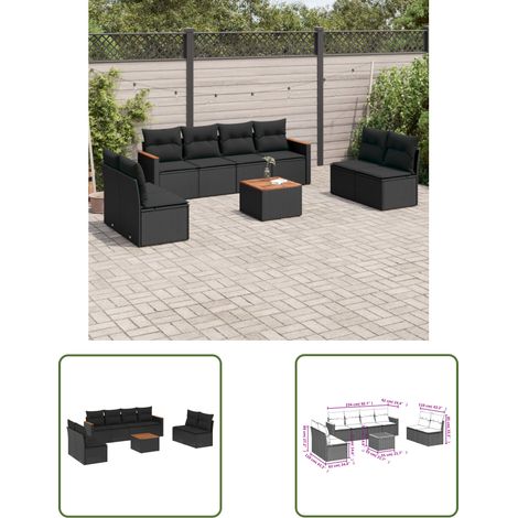 The Living Store 9-tlg. Garten-Sofagarnitur mit Kissen Schwarz Poly Rattan - Gartenmöbel - Outdoor Möbel - Esstisch - Lounge Set - Rattan Gartenset (1/3)
