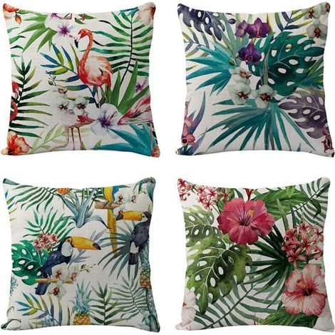 Lot de 4 Housses de Coussin Décoratives motif plantes oiseaux tropicaux decoration pour Canapé Chambre Salon Patio,4545cm (1/4)