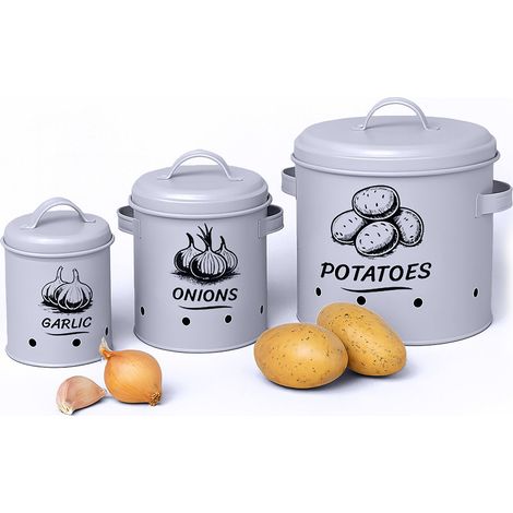 Relaxdays Potato Storage Box, Onions, Garlic, Set of 3, with Lid & Holes, Metal, Onion Pot, Grey