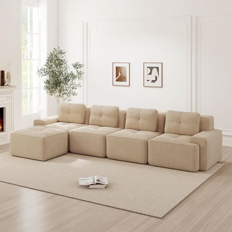 Canapé de salon sans cadre, canapé modulable avec méridienne en L, canapé nuage quatre places confortable en velours côtelé avec assise profonde, aucun assemblage requis, design antidérapant, beige. (1/5)