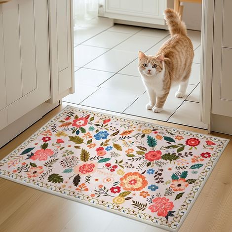1 Tapis, Motif Floral, Style Vintage, Poils Courts, Antidérapant, Salon, Cuisine, 66x100cm (1/5)