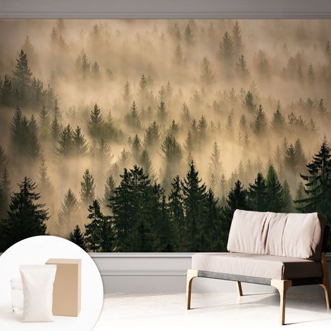 Papier peint intissé mural avec colle pour salon et chambre Décoration murale rapide - Colle incluse gratuite Brume forestière 312x219 cm (1/5)