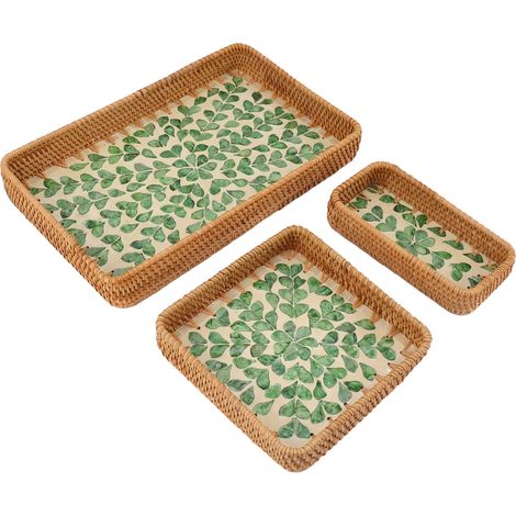 Plateau en rotin 3 pièces, corbeille à fruits rectangulaire, plateau de rangement multifonction pour maison et restaurant, saule vert (1/5)