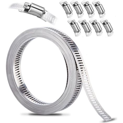 Kit de Colliers de Serrage DIY Inox 304, 3.5m Bande Perforée en Métal + 8 Pièces Fixation, Réglable, pour Tuyaux, Gaz, Eau, Voiture, Machine à Laver, Jardin