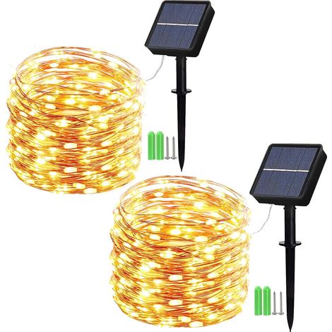 Confezione da 2 luci solari per esterni, luci solari in filo di rame da 33 piedi e 100 LED con 8 modalità per decorazioni esterne, giardini, alberi, ecc. (bianco caldo) (1/5)