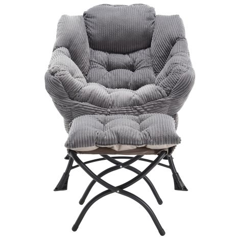 Fauteuil gris confortable avec ottoman, accoudoirs et poche latérale