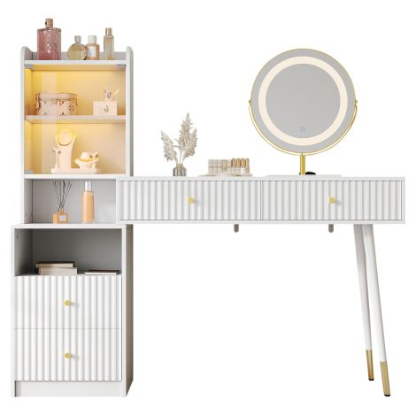 Ensemble coiffeuse LED tricolore miroir, 4 tiroirs, armoire éclairée porte vitrée, rangement ouvert - Blanc - 100x40x125 cm (sans tabouret) (1/5)