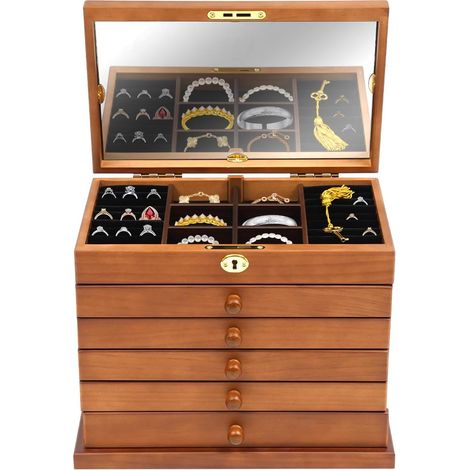 Boîte à bijoux 6 couches en bois - Grande boîte à bijoux avec miroir - Verrouillage des touches - Boîte de rangement verrouillable - Pour pendentifs, bracelets, colliers, bagues (1/5)