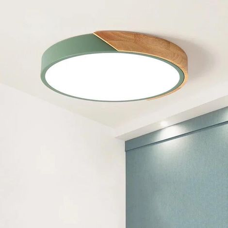 Plafonnier LED Bois, Dimmable Lampes de Plafond rond intérieur avec télécommande,  27W pour Pour Salon, Chambre, Cuisine, Couloir(Vert 40CM)