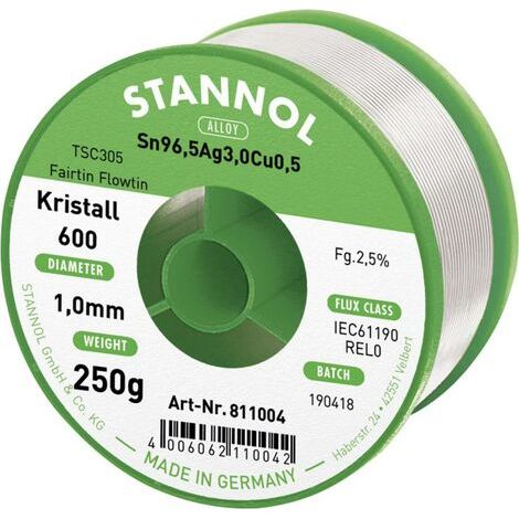 Stannol Kristall 600 Fairtin Étain à souder sans plomb sans plomb Sn96,5Ag3Cu0,5 REL0 250 g 1 mm (1/4)
