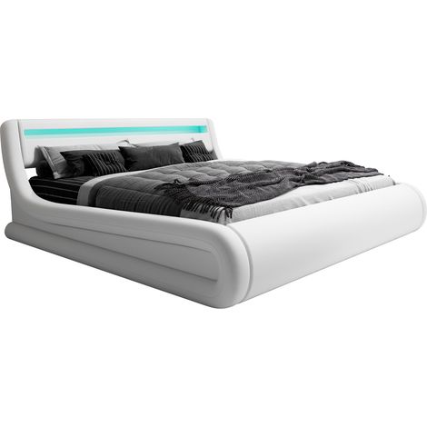 Cama Canapé de matrimonio  Cama doble con Cabecero y Canapé LED  Somier lamas  Blanco  Madera y polipiel  Modelo Rodas  Para Colchón 180x200