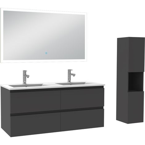Ensemble meuble de salle de bain 120cm, vasque céramique + colonne haut + miroir lumineux, anthracite