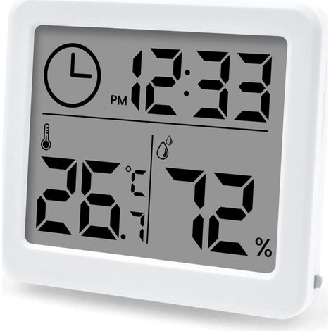 Termometro igrometro ad alta precisione, display LCD con indicazione dell'umidità interna, dell'ora e della temperatura, ideale per ufficio e serra (batteria inclusa) - Crezuo