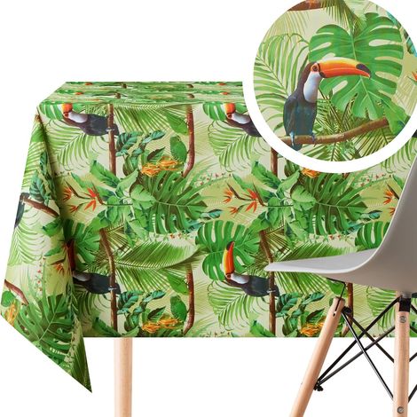 Toile Cirée Rectangulaire 250x140cm, Verte Jungle, Nappe Plastique en PVC Essuyable, Imperméable en Vynile Jardin Nappe Toile Ciree, Facile à Nettoyer, avec Motif Feuilles et Oiseaux Toucan (1/5)