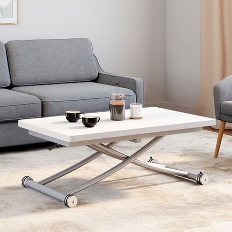 Mesa de centro 2 en 1, extensible en mesa de comedor rectangular URBANA de 100 cm, blanca con patas cromadas grises (1/5)