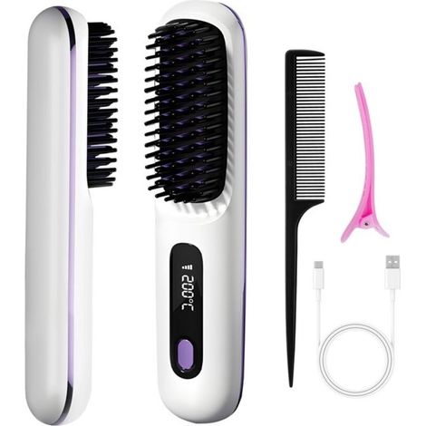 Brosse à Lisser Brosse à Lisser sans Fil, pour Coiffure 3 Niveaux de température, Mini lisseur Brosse Lisser, Rechargeable