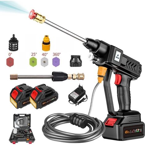 Nettoyeur haute pression 24 V sans fil, kit complet (appareil + 2 batteries + 11 accessoires), 4 buses (0°/25°/40°/360°) / tuyau de 6,5 m / mousseur, pour voiture / jardin / traitement, noir (1/5)
