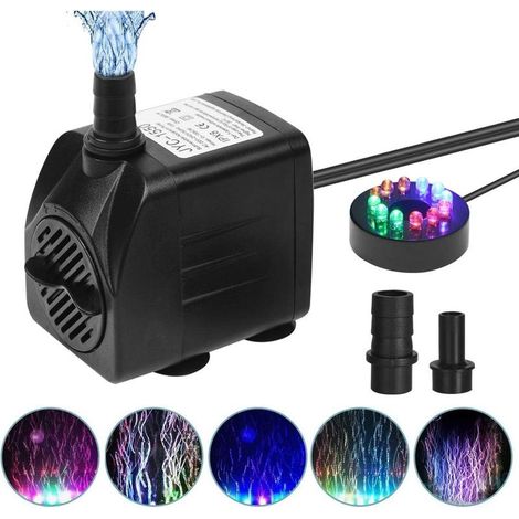 Pompe submersible 800L/H 15W – Hauteur de levage 1,5 m – Ultra-silencieuse avec 12 LED colorées – 4 ventouses et 2 buses 1,8 m (1/5)