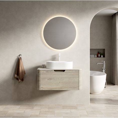 Mueble de baño con lavabo suspendido 80 cm moderno, lavabo ovalado de cerámica, encimera de piedra sinterizada efecto travertino y cajón soft-close (1/5)