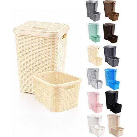 Cesto Ropa Sucia Pongotodo con Tapa y Asas Cesta Colada Plástico Ratán Cubo Ropa Sucia Ventilado Baño Dormitorio 38L/60L