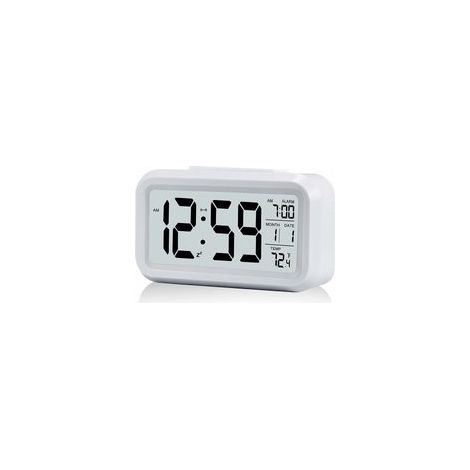 Réveil Digital Réveil Matin, Horloge Numérique Réveil à Pile Silencieux pour Enfants Adultes Grand écran LED Température Calendrier(Blanc) (1/4)