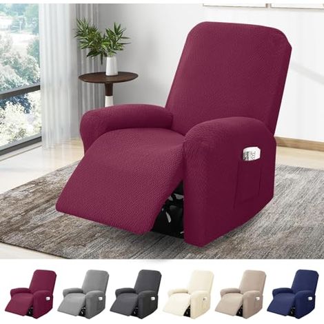 Funda de sillón de 1 plaza, funda elástica con bolsillos, protector de sillón jacquard a rayas todo incluido para sillones de TV y reclinables (burdeos, juego de 4 piezas)