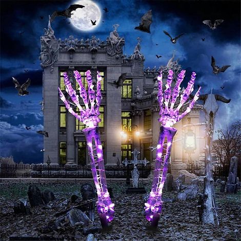 Décorations lumineuses d'Halloween pour l'extérieur : mains de squelette grandeur nature, piquets décoratifs avec 50 LED violettes et minuterie. (1/2)