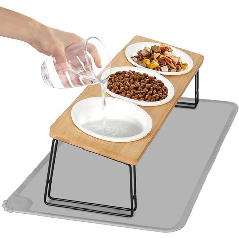 1 Support Surélevé, Gamelle Chat, 3 Bols Céramique, Incliné 15°, Bambou Naturel, Pour Chats Et Petits Chiens