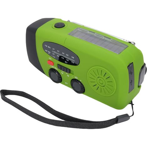 Radio d'urgence solaire dynamo et charge Type-C, radio portable AM FM, batterie rechargeable 2000mAh, alarme SOS et lampe torche pour camping randonnée coupure de courant, vert version européenne (1/5)
