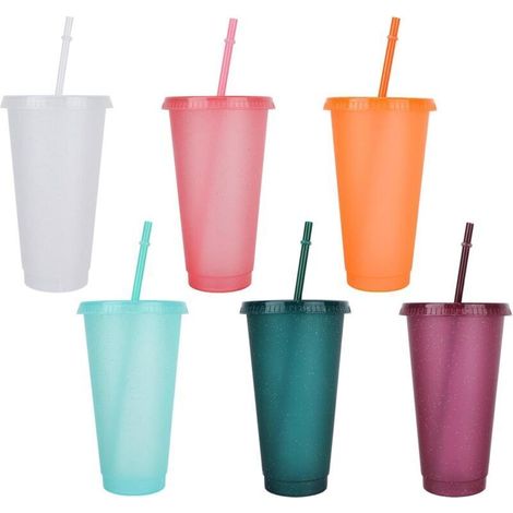Set of 6 Plastic Cups, Reusable Plastic Cups, Reusable Plastic Cups, Straw Cups, Travel Cups for Adults and Children, Parties, Portable, Ideal for Coffee (1/5)