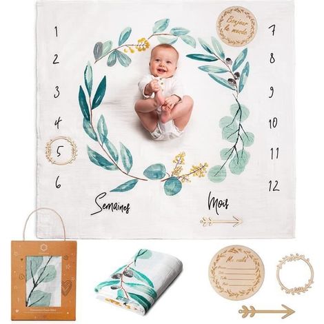 Couverture Etape Bébé Langes Coton, Tapis Mois Bebe Garçon Ou Fille, Thème Feuilles, Cadeau Baby-Shower Mamans (1/4)