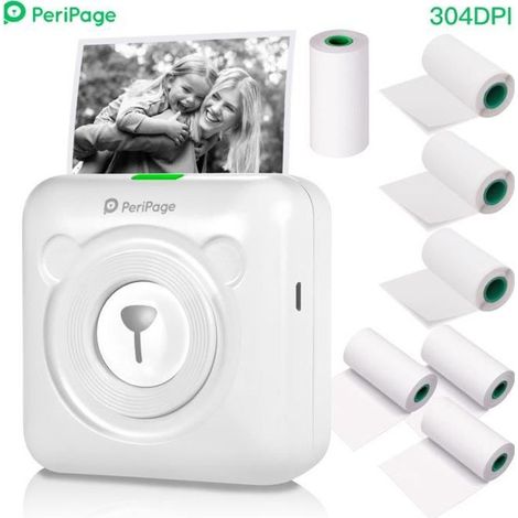 Nouveau Résolution - PeriPage A6 Mini Imprimante thermique HD 304DPI BT Fonction photo AR avec 7 rouleaux de papier thermique Blanc (1/4)
