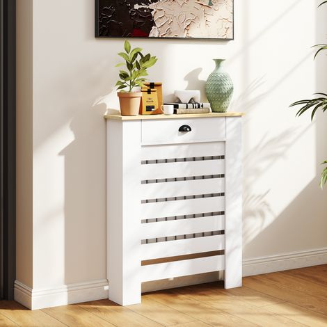 Couvercle de radiateur cache radiateur grille à lattes horizontales avec 2 tiroirs en bois 78l x 19P x 95,5H cm blanc (1/5)